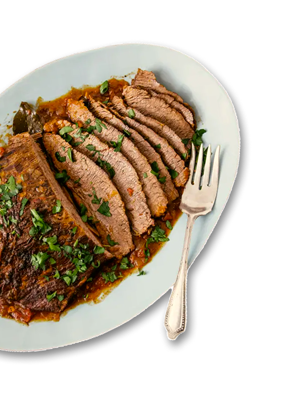 Sliced braised brisket on a plate